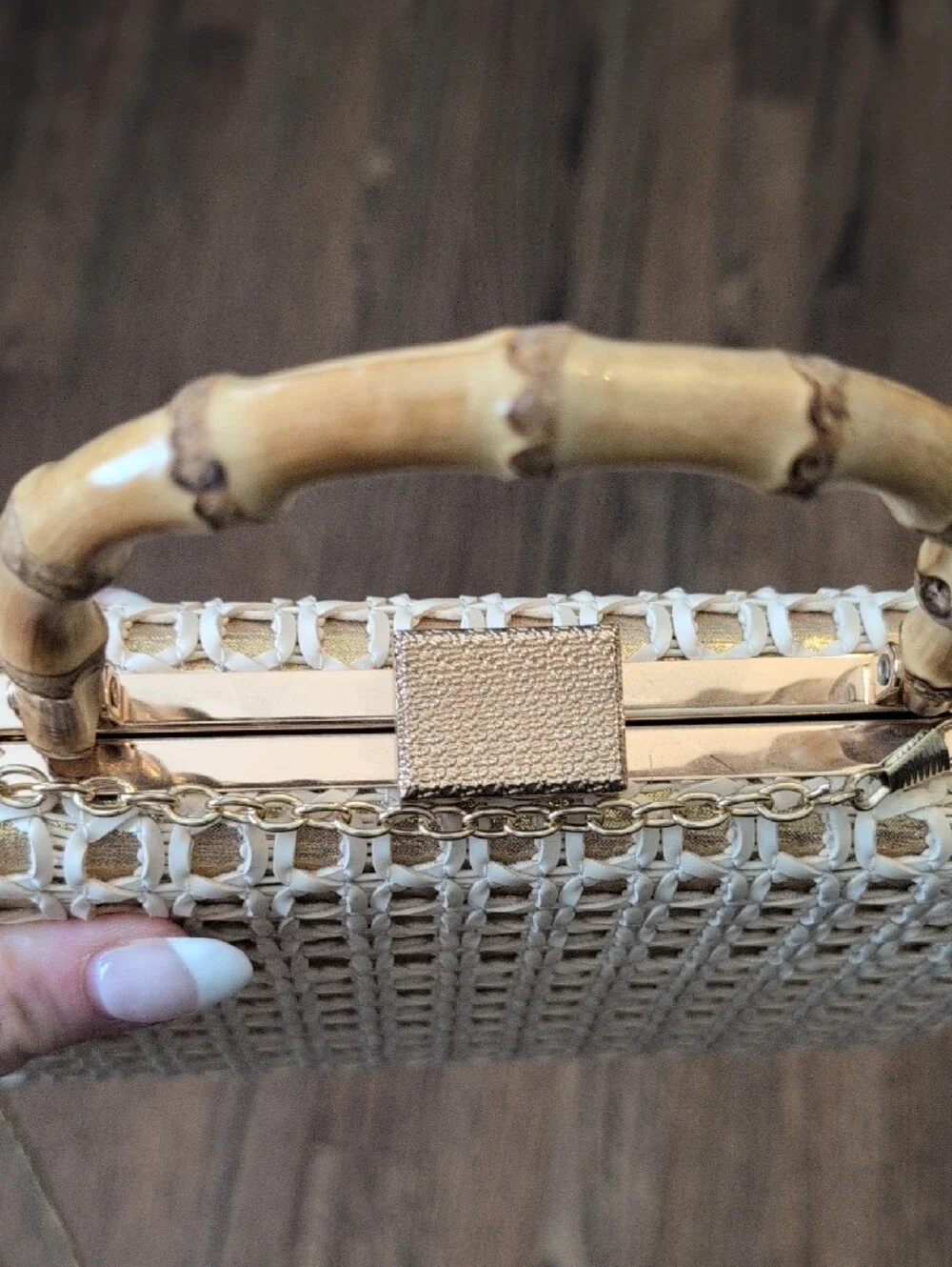 Woven Bamboo Handle Box Clutch - White